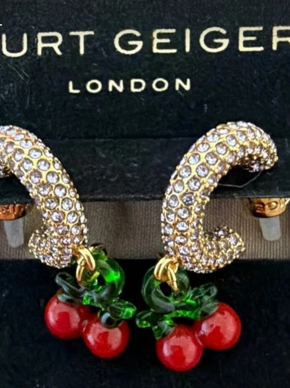 Kurt Geiger Gold Crystal Hoop Earrings with Red Cherry and Green Leaf Drops